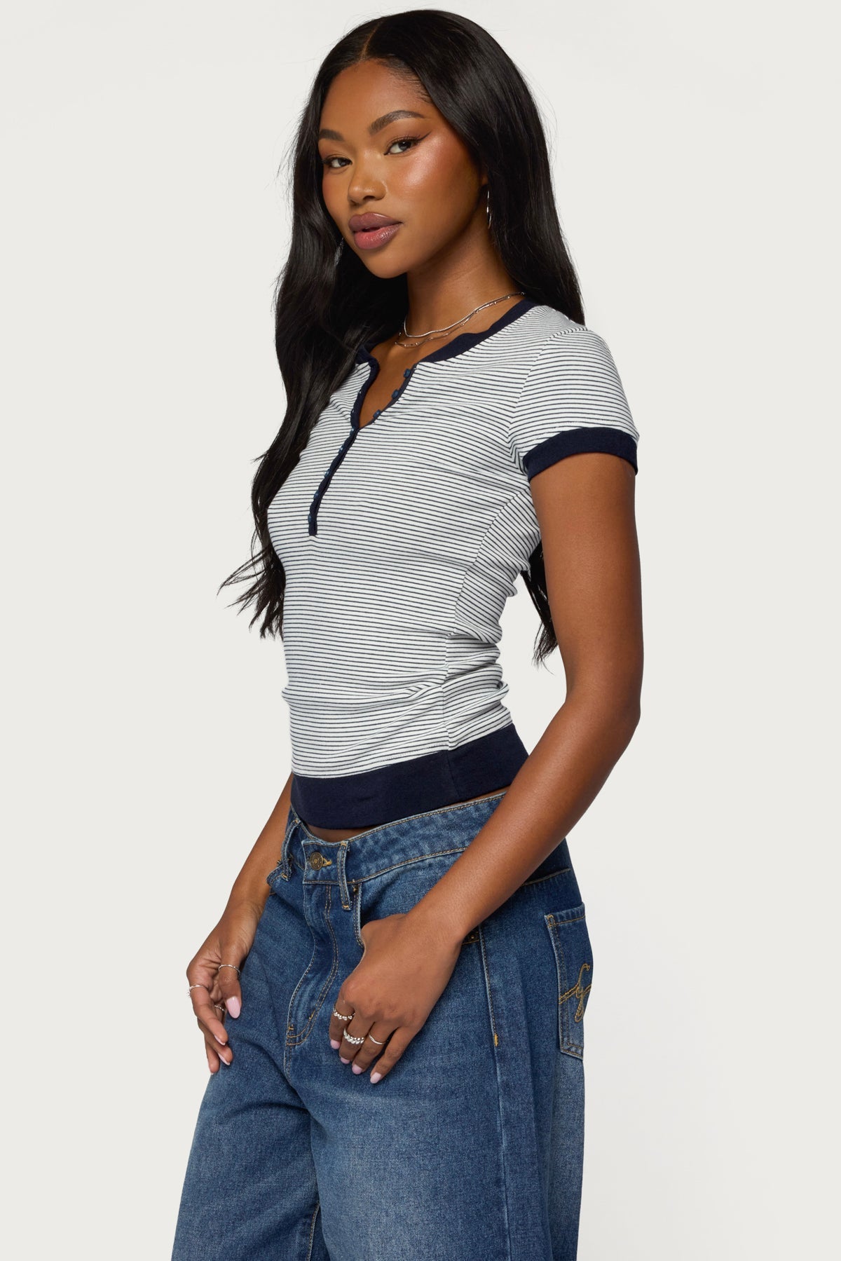 Regin Striped Ribbed Henley Top