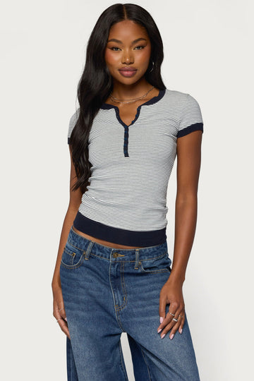Regin Striped Ribbed Henley Top