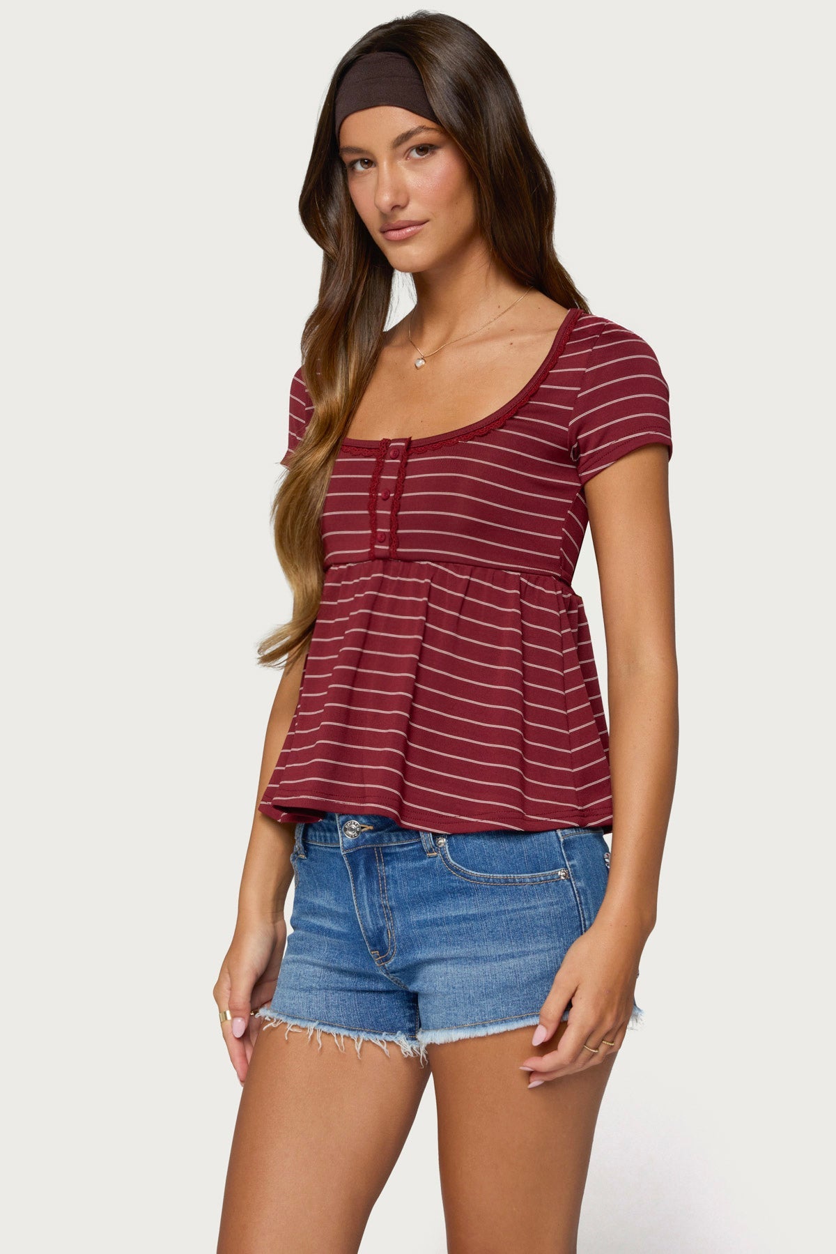 Jina Lacey Striped Babydoll Henley Top
