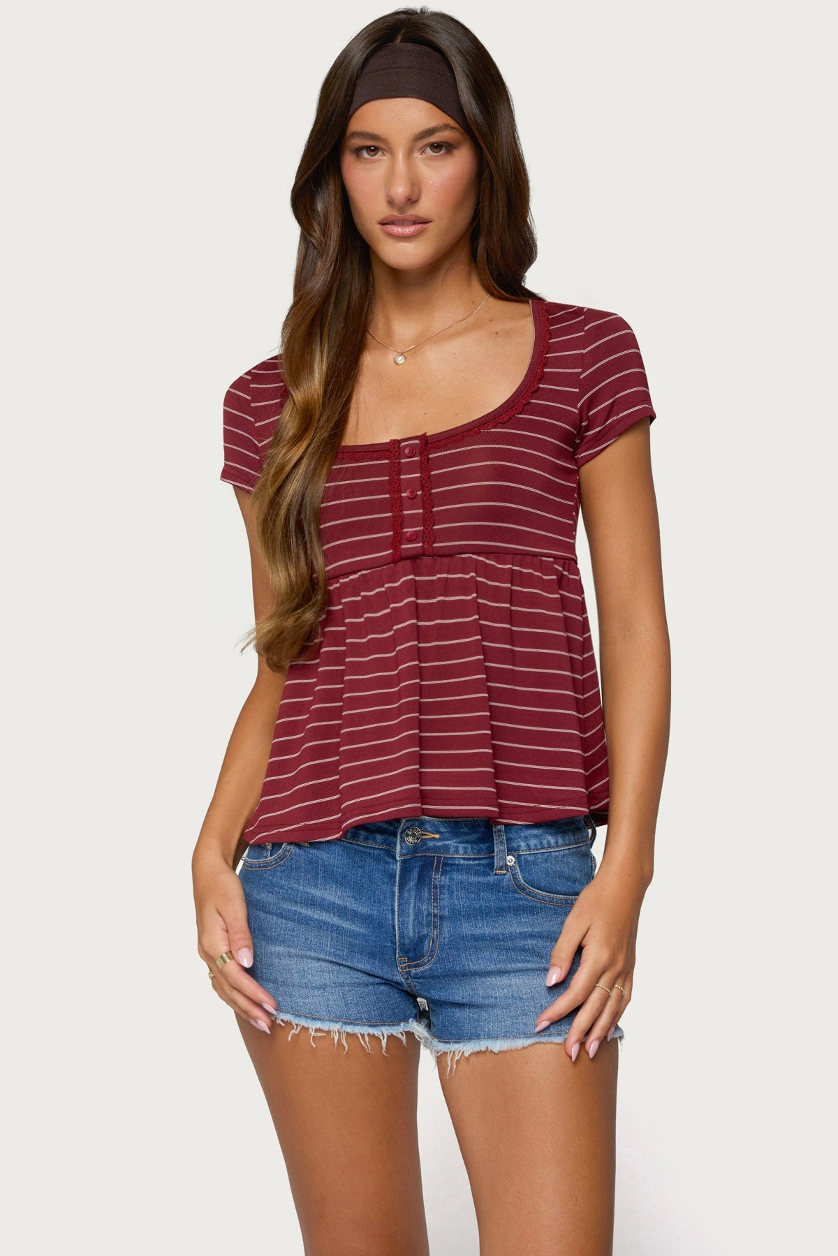 Jina Lacey Striped Babydoll Henley Top