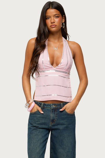 Roey Sequin Chiffon Backless Top