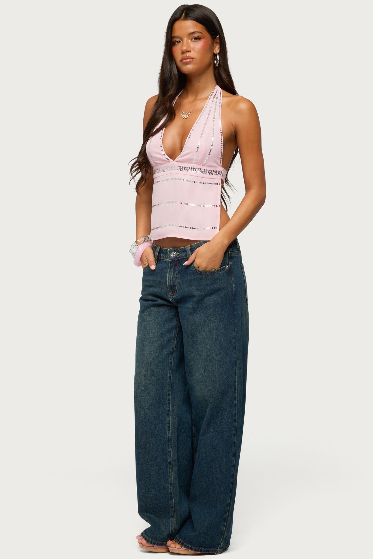 Roey Sequin Chiffon Backless Top