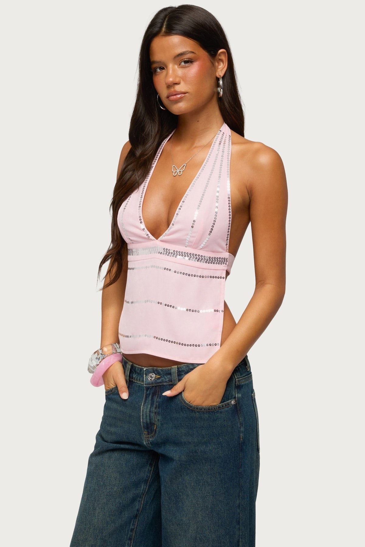 Roey Sequin Chiffon Backless Top