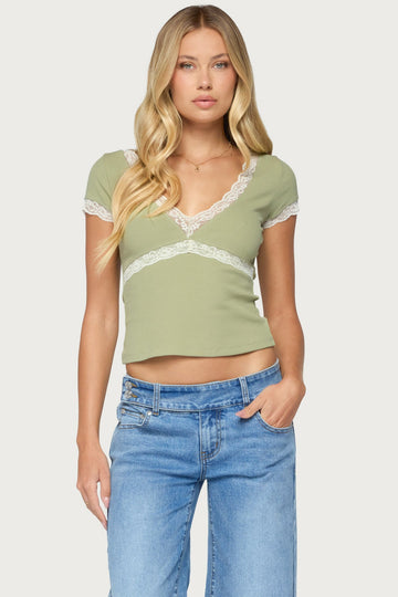 Juli Lacey Ribbed V Neck Top